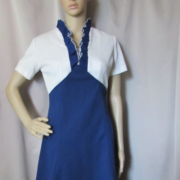 SALE Vintage 1960 Polyester Dress Navy White - Picture 1 of 7